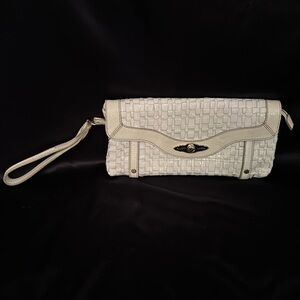Elliott Luca - 100 % Leather White woven strips clutch w/handle -good condition